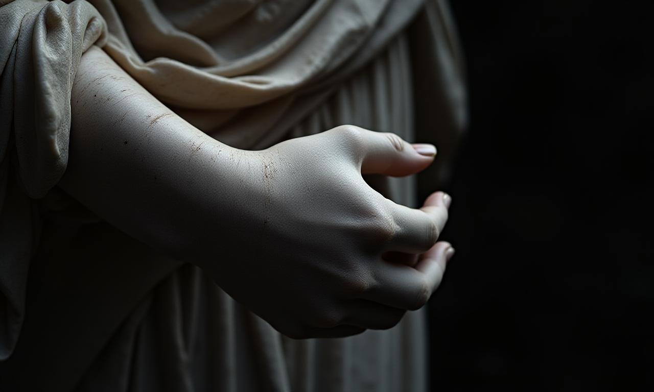 Conceptual close-up of a marble sculpture with dramatic shadows