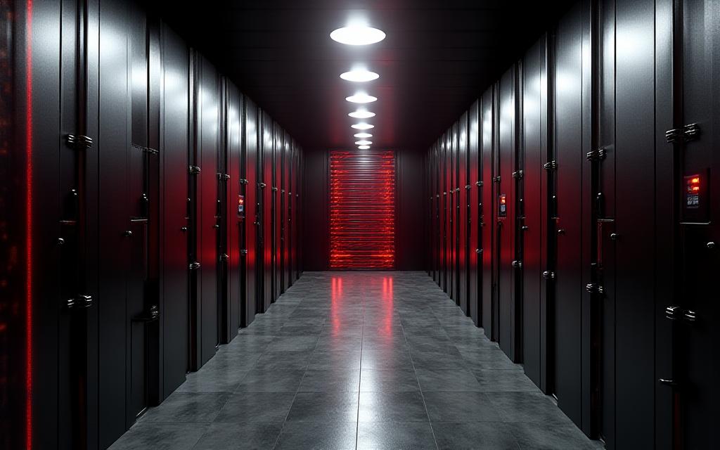 Abstract view of a high-security art vault with digital encryption overlay